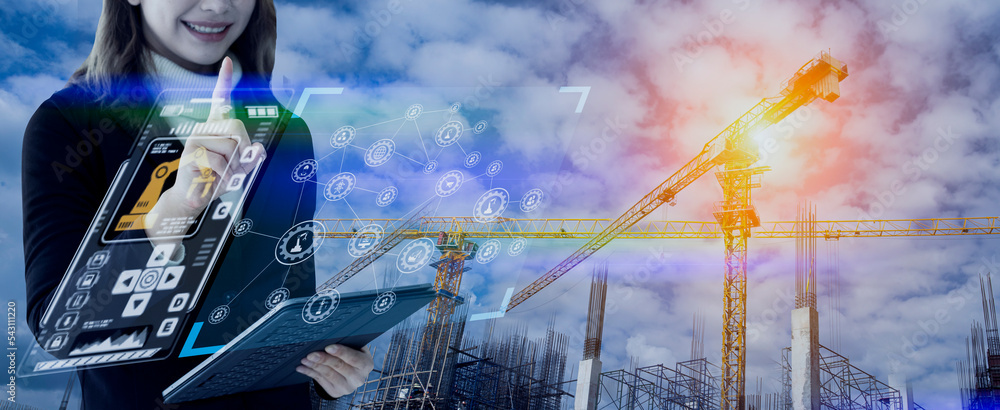 Fototapete future building construction engineering and technology project concept. double exposure graphic wit