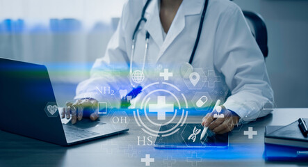 Medicine doctor using tablet with digital medical interface icons, Medical technology and network concept.