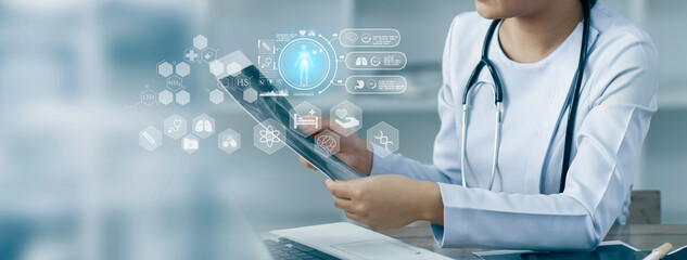 Medicine doctor using digital healthcare and network connection on hologram modern virtual screen interface icons, Medical technology futuristic concept.