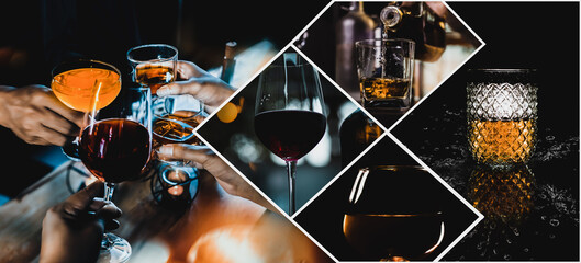 Collection of a glass of whiskey and wine on the bar.	
