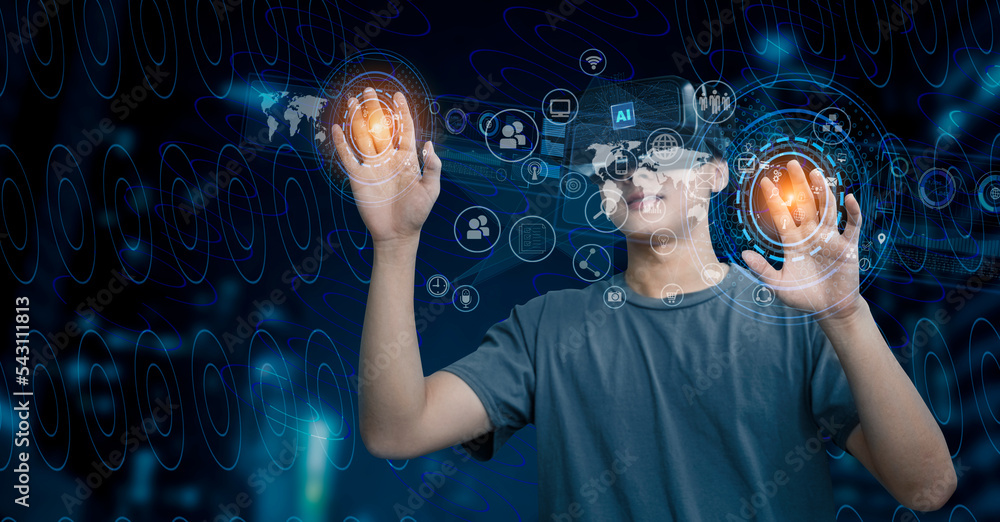 Poster double exposure of businessman working on artificial intelligence and holographic interface network 