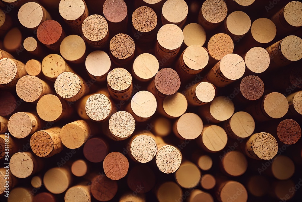 Poster a close up of a bunch of wine corks with a lot of them in the background and a blurry image of the c