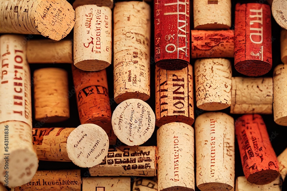 Poster a bunch of wine corks stacked on top of each other with writing on them and a cork cork. generative 