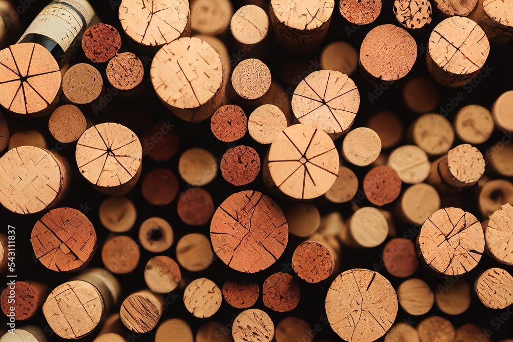 Poster a bunch of wine corks stacked together with a bottle of wine in the middle of the picture and a cork