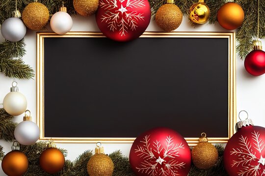  A Black Board Surrounded By Christmas Ornaments And A Gold Frame On A White Background With A Black Board In The Middle.