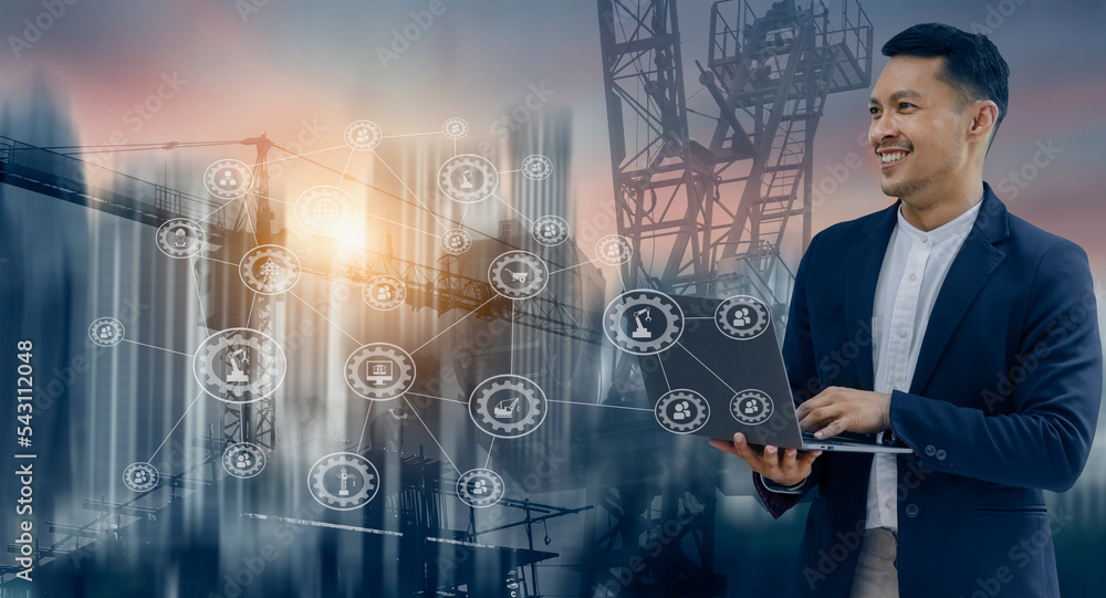 Fototapete future building construction engineering and technology project concept. double exposure graphic wit