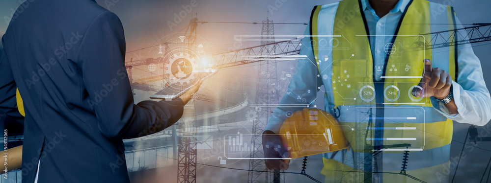 Fototapete future building construction engineering and technology project concept. double exposure graphic wit