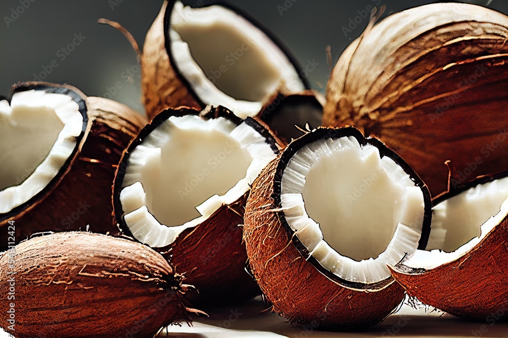 Poster a pile of coconuts with one cut open and the other half open with the inside of the coconut. generat