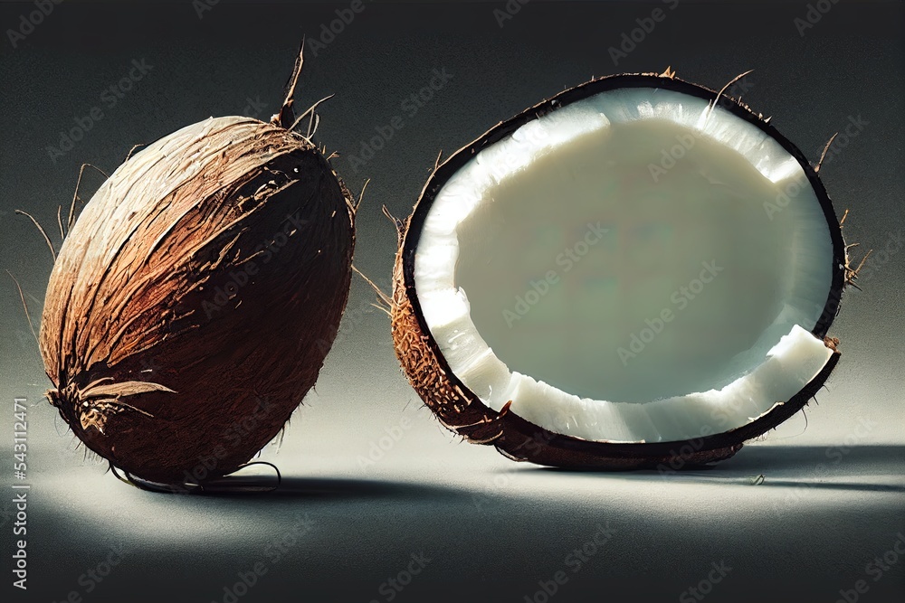 Poster a coconut and a coconut shell on a table with a gray background and a black and white photo of the i