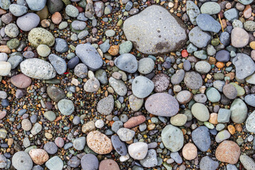 Sea pebble texture. Top view. Background or texture