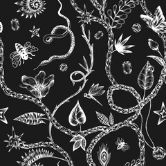 Beautiful trendy seamless pattern with hand drawn chimera animals birds insects and fantasy plants. Stock fashionable textile illustration. - obrazy, fototapety, plakaty
