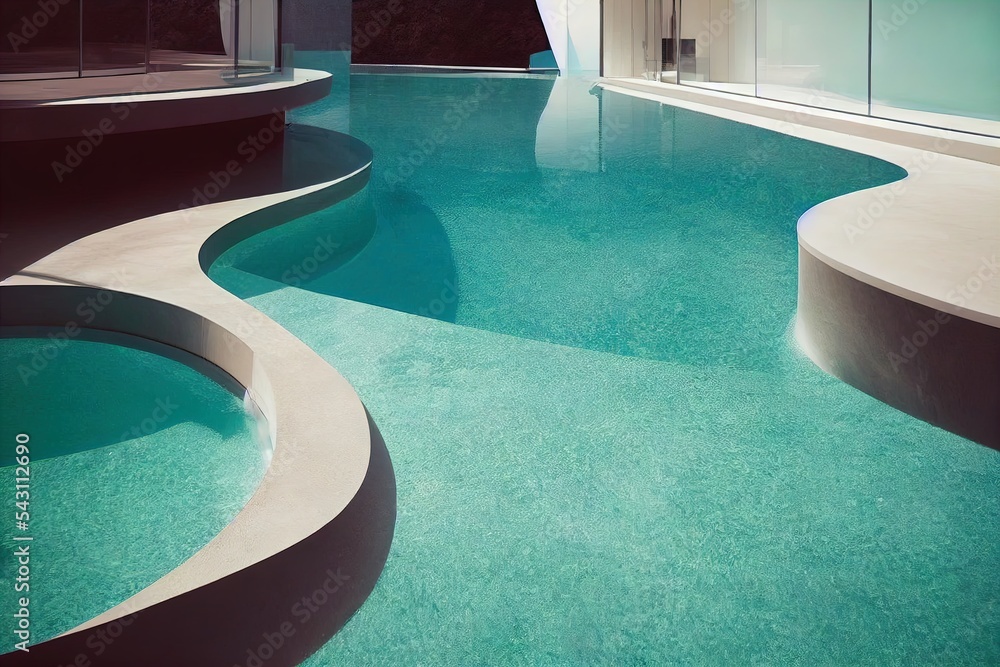 Poster a pool with a curved edge and a curved wall next to it. generative ai