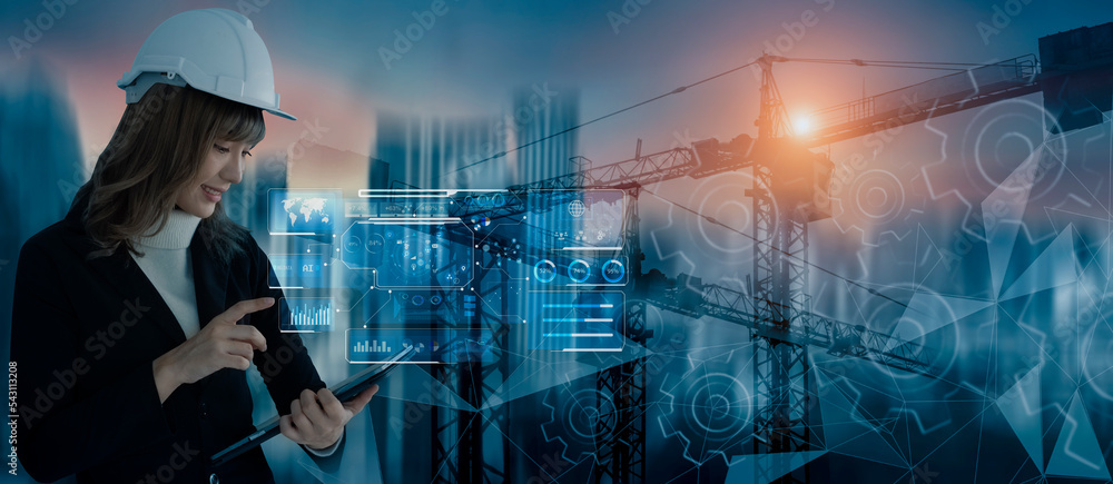 Fototapete future building construction engineering and technology project concept. double exposure graphic wit