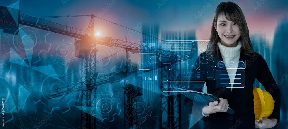 Fototapete future building construction engineering and technology project concept. double exposure graphic wit