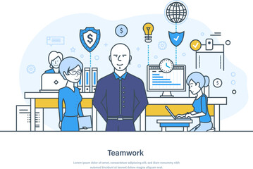 Teamwork business process, coworking, partnership and project management