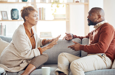 Marriage problem, argument and couple on sofa angry and talking about finance, home mortgage loan or a serious decision. Communication, family law and talking of black people with divorce discussion - obrazy, fototapety, plakaty