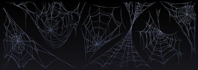 Spider web Halloween set, cobweb, spooky insect net collection design elements for greeting cards. Scary, horror decorative graphics isolated on black background, Cartoon vector illustration, clipart