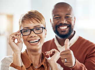 Black woman, man and thumbs up for vision, eyes healthcare or glasses shopping customer for...