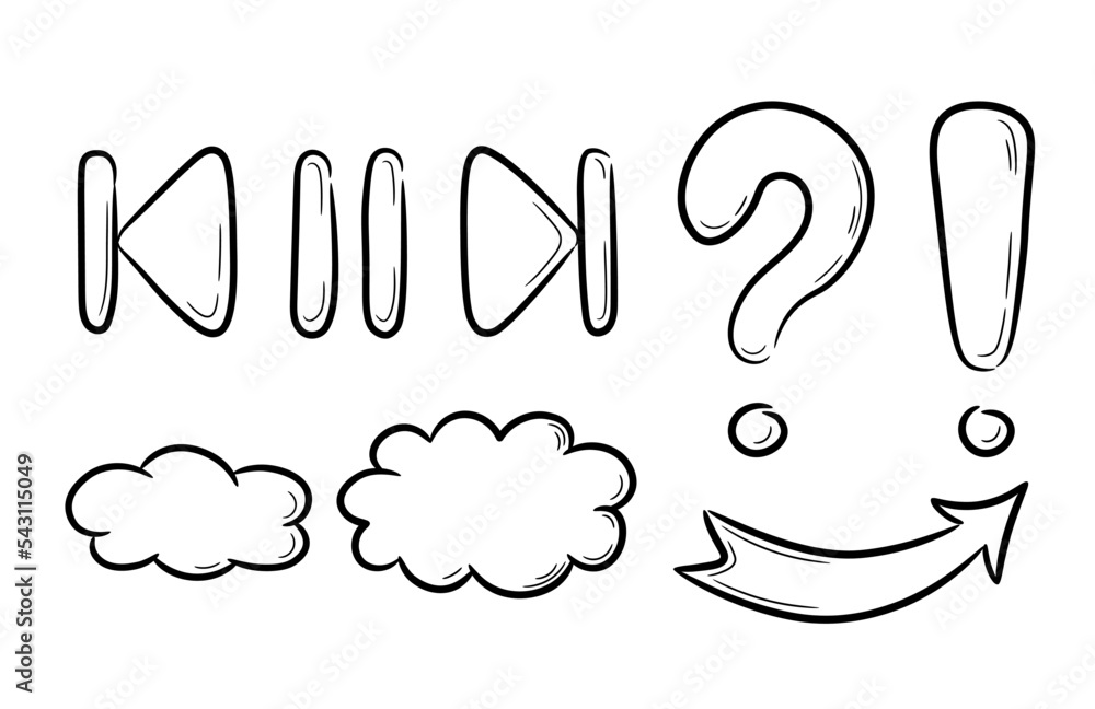 Poster cloud for conversations and thoughts drawn by hand. start play and pause button in doodle sketch sty