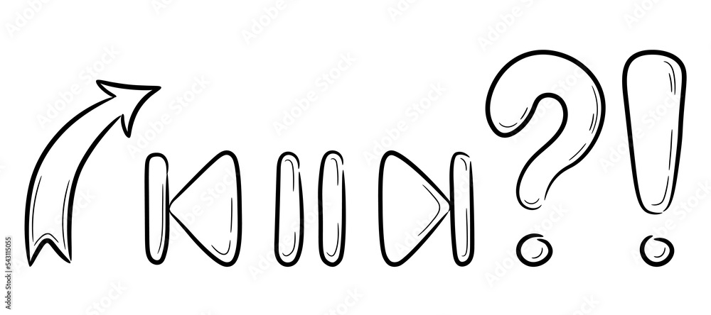 Poster cloud for conversations and thoughts drawn by hand. start play and pause button in doodle sketch sty