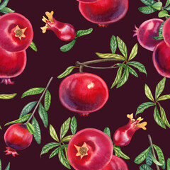 Pomegranates on a branch watercolor seamless pattern. Hand drawn realistic red fruits with leaves endless background for fabric and wallpaper. Tropical tree botanical illustration.