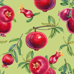 Pomegranates on a branch watercolor seamless pattern. Hand drawn realistic red fruits with leaves endless background for fabric and wallpaper. Tropical tree botanical illustration.
