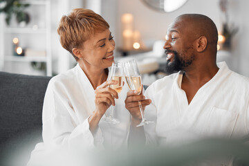Spa, wine glass and couple toast for love celebration, self love and care together for anniversary...