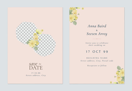 Floral wedding invitation card template design, photo decorated with yellow bouquet on brown