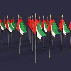 Postcard or congratulations template for National Flag Day in United Arab Emirates. The flag of the United Arab Emirates is developing on the flagpole. 3d rendering.