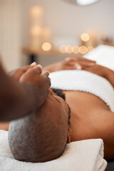 Black man, head massage or relax spa in relax hotel, wellness salon or luxury resort for self care, mental health or peace. Massage therapist, hands and zen aromatherapy for healthy stress management