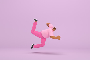 The black man with pink clothes.  He is falling down. 3d illustrator of cartoon character in acting.