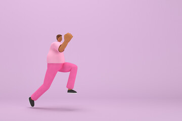 Fototapeta na wymiar The black man with pink clothes. He is running. 3d illustrator of cartoon character in acting.