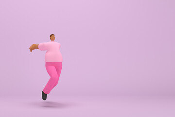 Fototapeta na wymiar The black man with pink clothes. He is jumping. 3d illustrator of cartoon character in acting.