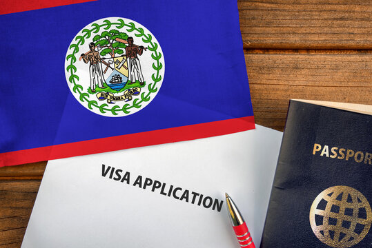 Visa application form, passport and flag of Belize
