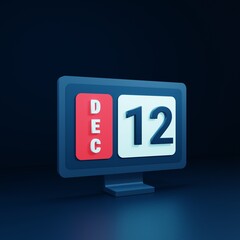 December Calendar Icon 3D Illustration with Desktop Monitor Date December 12