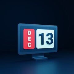 December Calendar Icon 3D Illustration with Desktop Monitor Date December 13