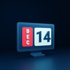 December Calendar Icon 3D Illustration with Desktop Monitor Date December 14