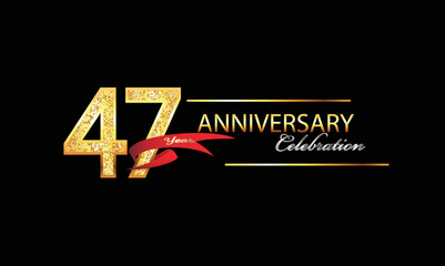 47 Year Anniversary celebration Vector Design. 47th Anniversary celebration. Gold Luxury Banner of 47th Anniversary celebration with red ribbon and glitter. Background celebration. Vector anniversary