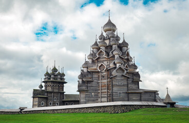The wooden buildings of the ancient Russian architecture. The famous Church of the Transfiguration...