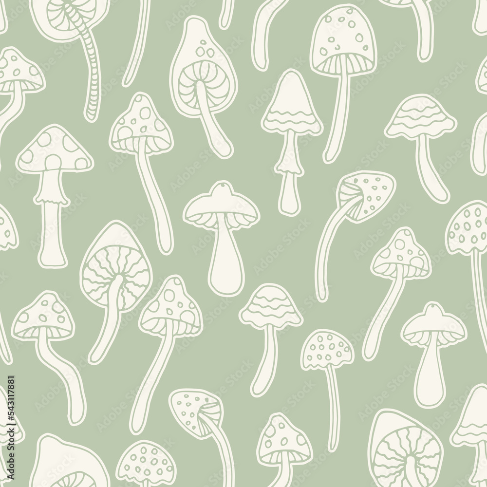 Wall mural Abstract psychedelic surface pattern design. Retro seamless pattern with hand drawn groovy mushrooms. Vintage 60s hippie vector background