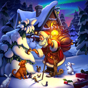 Merry Christmas, illustration of santa and various animals outdoors in winter 