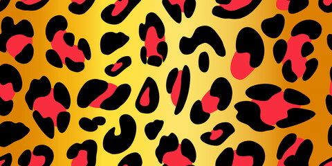 Fototapeta premium Leopard texture on a golden background. Animalistic seamless pattern. Vector hand-drawn illustration. 
