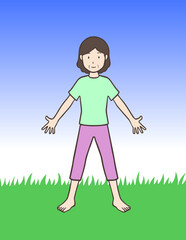 両手を広げて裸足で地面に立つ中年女性、おばさんの健康法