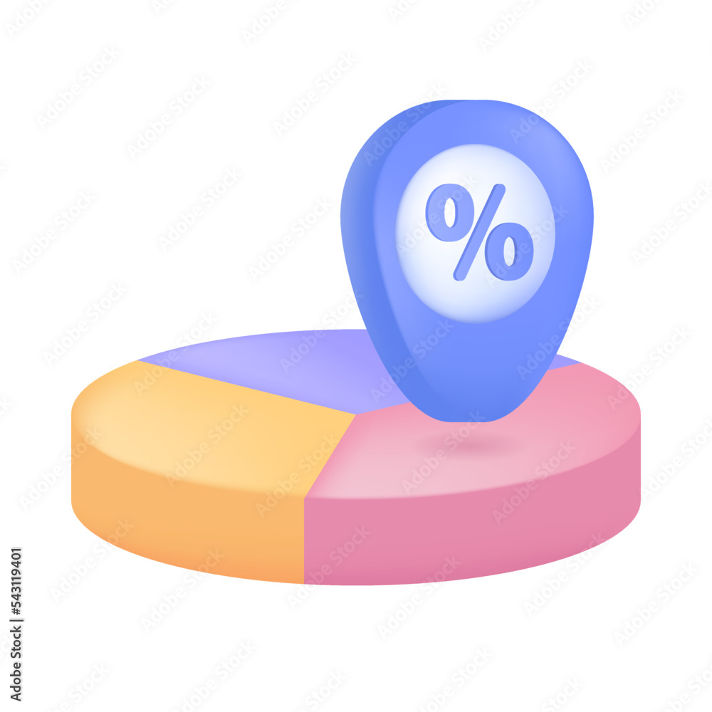 Poster pie chart with three slices and pin with percent sign 3d icon. infographic circle diagram of interes
