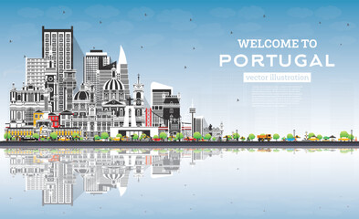 Obraz premium Welcome to Portugal. City Skyline with Gray Buildings, Blue Sky and Reflections.