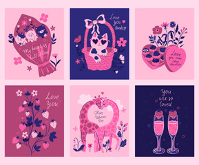 Set of postcards for valentine's day. Vector graphics.