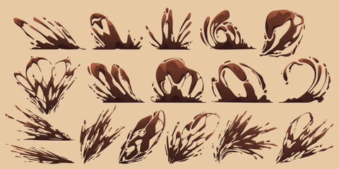 Chocolate splashes, swirls, hot liquid splatters vfx game effect. Cartoon 2d liquid drops, brown flow elements, explosion, burst, spatter blast, drip or ripple dynamic animation motion, Vector set