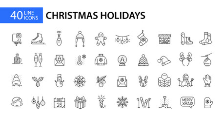 Fototapeta na wymiar 40 Christmas holidays icon. New Year party celebration and winter sports. Pixel perfect, editable stroke line