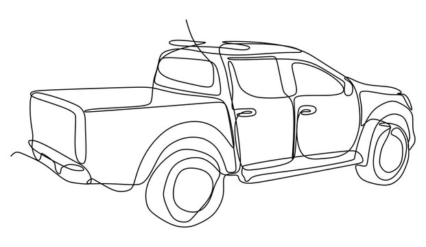 The illustrations and clipart. Continuous one-line drawing. A double cabin car on white background.