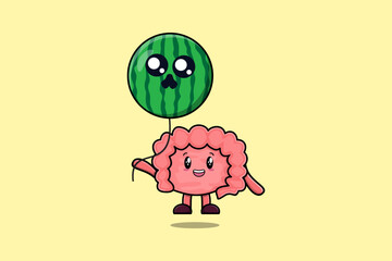 Cute cartoon Intestine floating with watermelon balloon in flat cartoon vector icon illustration
